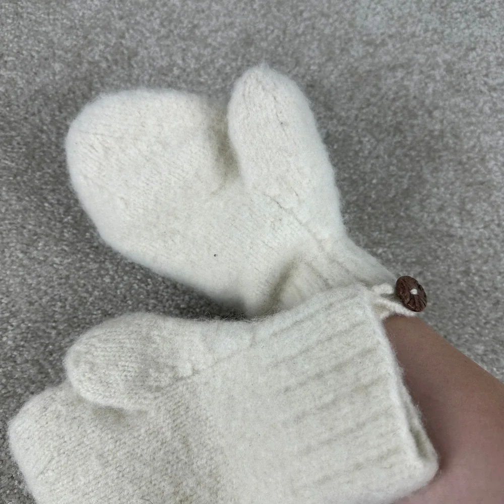 Handmade Wool Knit Mittens Cream White Winter Gloves with Button Detail